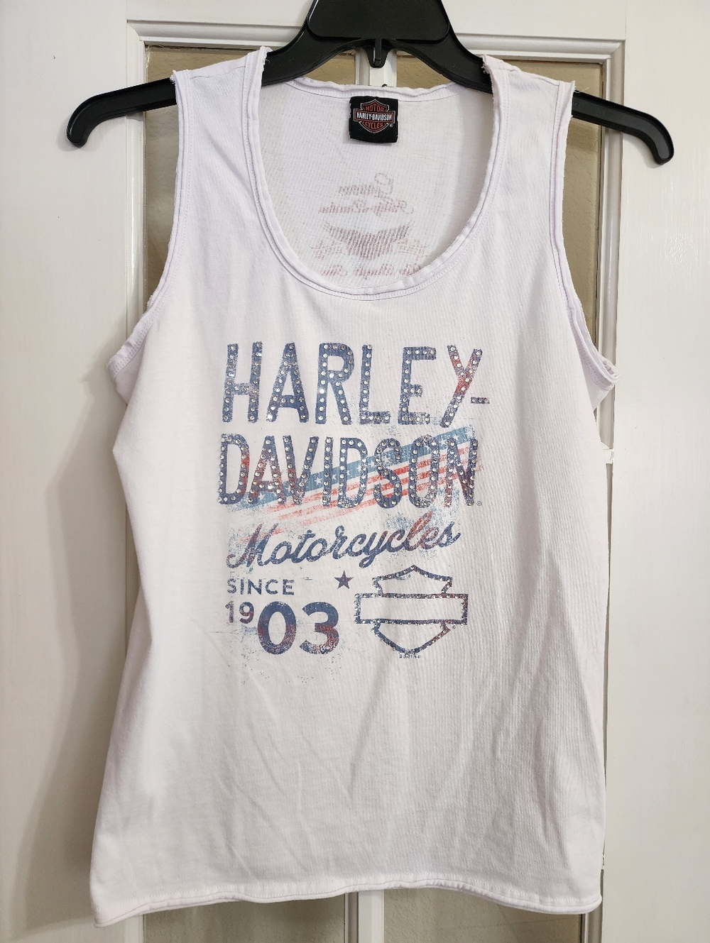 Harley Davidson Rhinestone Tank XL White Gruene TX Biker Bling